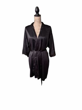 JoySpun Satin Short Robe with Waist Tie - Black